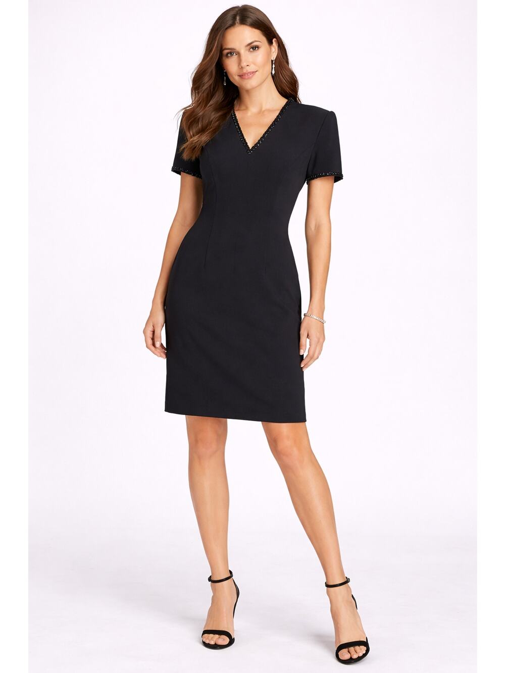 Rimini By Shaw Vintage Womens Black V Neck Dress Beaded Short Sleeve Size 8